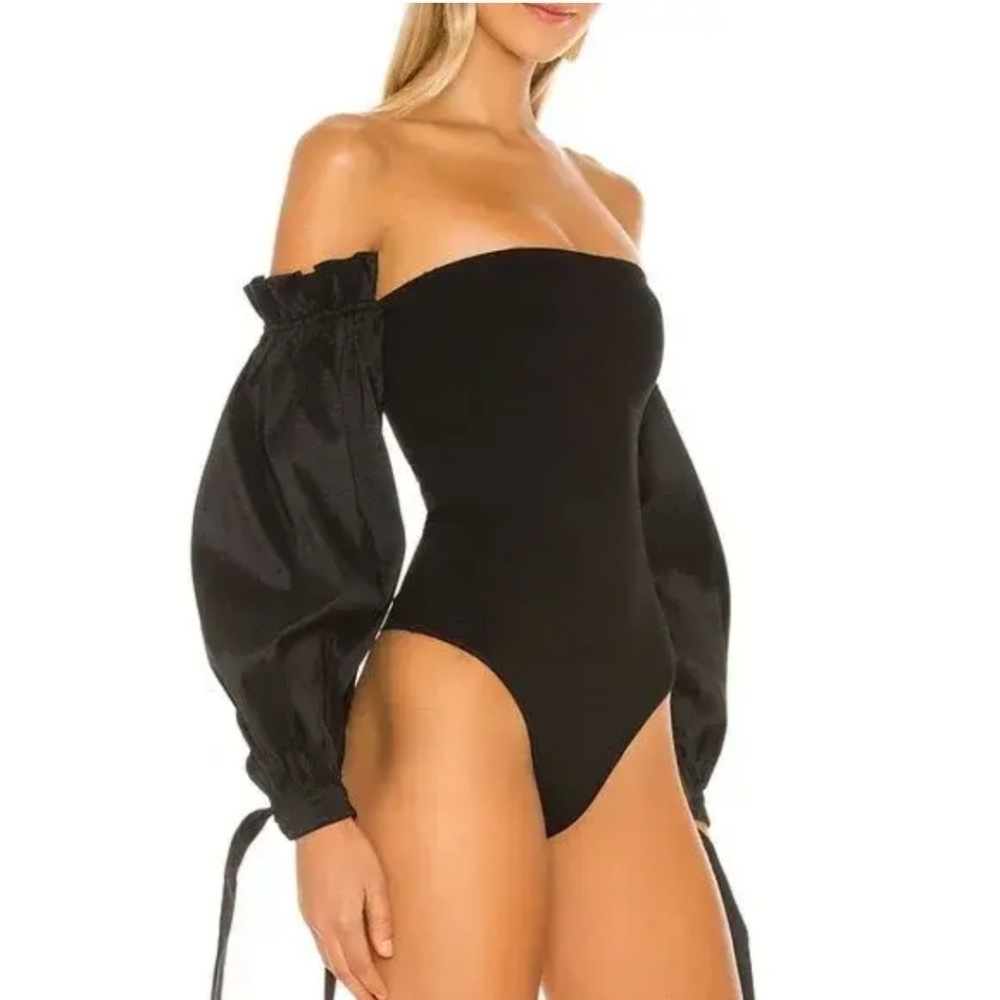 MAJORELLE Black Off-Shoulder Puff Sleeve Bodysuit